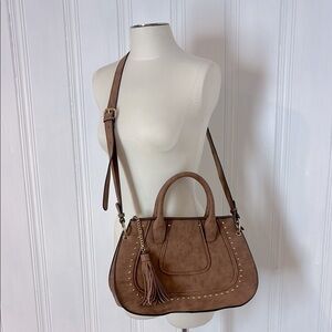 NWOT Faux Suede Satchel-Style Crossbody Handbag with Tassel & Gold Studs
